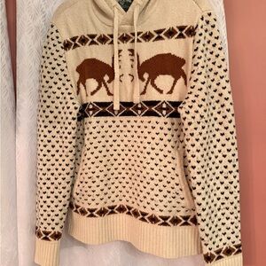 American Eagle Sweater Men Cream Fair Isle Moose Deer Hooded Pullover